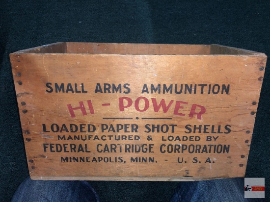 Wooden Ammo Box, "Federal Shells" 15"dx9"wx9"h