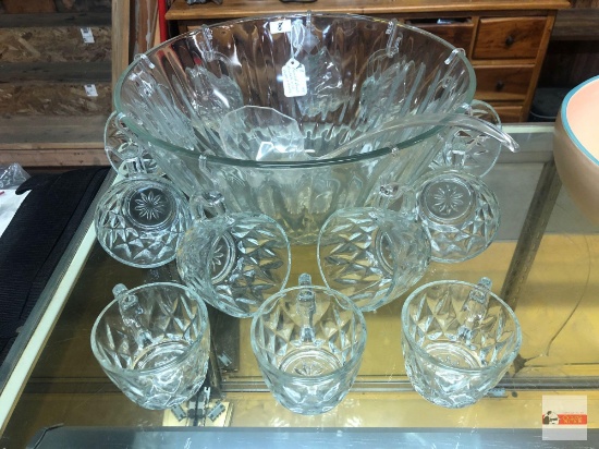 Glassware - Punch bowl and 12 cups, hooks and plastic ladle