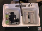 Sink with faucet, garbage disposer, sink front tray and water purifier