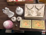Wedding items - figurine, music boxes, 2 Gorham music Boxes, Bride/Groom stemware, Wedding money jar