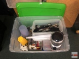 Camping - Camp supplies, cooking utensils, containers, lantern, games in storage tub