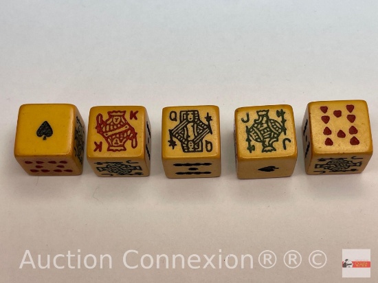 Dice, 5 vintage bakelite card dice, Ace, King, Queen, Jack, 10, 9