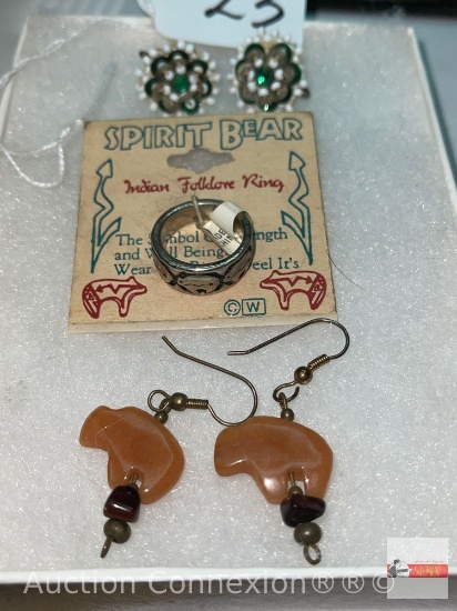 Jewelry - Earrings and ring, 2 pr. earrings (bear & flower) and 1 Spirit bear Indian Folklore ring