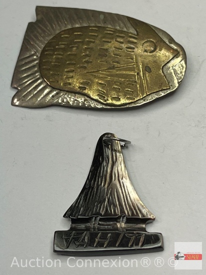 Jewelry - 2, Fish brooch 1.75" and Black stone Tahiti Sailboat pendant, 1.25"h