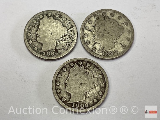 Coins - 3 "V" nickels 1884, 1899, 1906