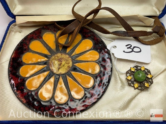 Jewelry - 2, Lg. 4" enameled pendant on leather strap & gorgeous sm. 1" vintage brooch w/stones
