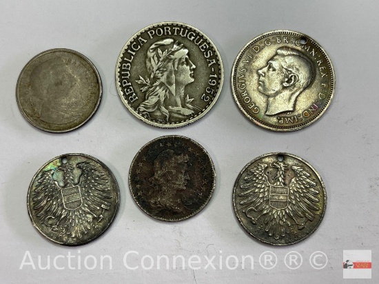 Coins - 6, vintage foreign coins, 1927, 1940, 2-1954, 1955