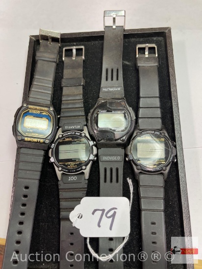 Jewelry - 4 Men's Sport watches, (3 Timex, 1 Indiglo, 2 Atlantis)