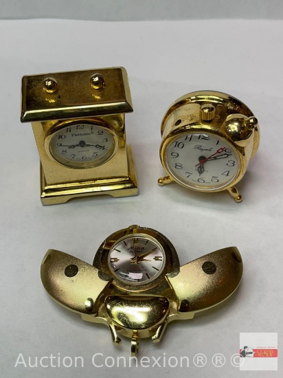 Collectible Mini clocks - 3, Alarm clock, mantle clock & Klarna Mina DeLuxe 17 jewel ladybug pendant