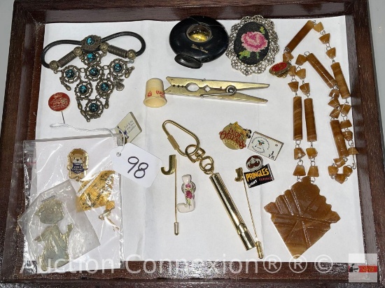 Jewelry - Misc. Pendants, whistle key chain, stick pins, adv. pins, hair pin, brass clothes pin etc.