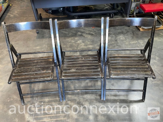 3 vintage wood folding chairs, black with slatted seats