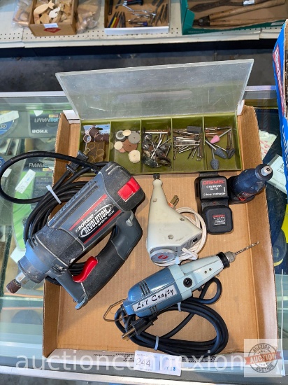 Tools - 2 engraving tools, 1 mini mite Dremel w/ attachments, 1 Rotozip spiral saw