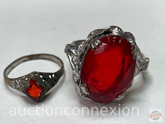 Jewelry - 2 Rings, Victorian w/ translucent red stones, lg. one has cut band, sm. one is sz. 4.75