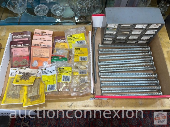 Tools - 2 boxes hardware, doors & window, gutter spikes and small tool organizer drawer