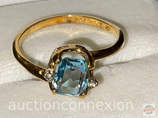 Jewelry - Fashion Ring, radiant cut blue stone, 18k heavy gold electroplate w/3 stones, sz. 9.75
