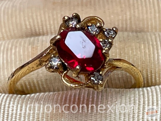 Jewelry - Fashion Ring, red oval center stone w/6 sm. clear stones, marked USA, sz.9