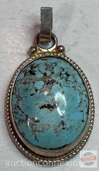 Jewelry - Pendant, turquoise cabochon in .925 Sterling silver bezel
