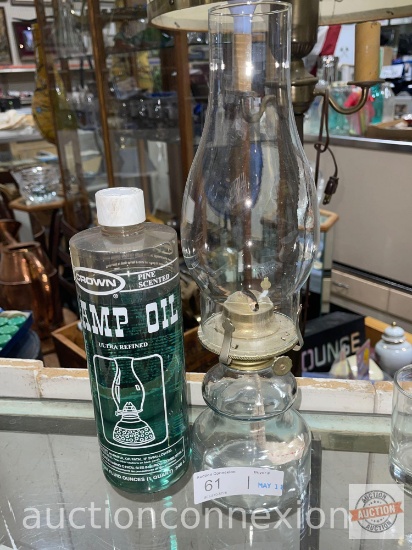 Kerosene oil lamp 14"h and qt. Bottle of Crown Lamp Oil ultra refined pine scented, (some used)