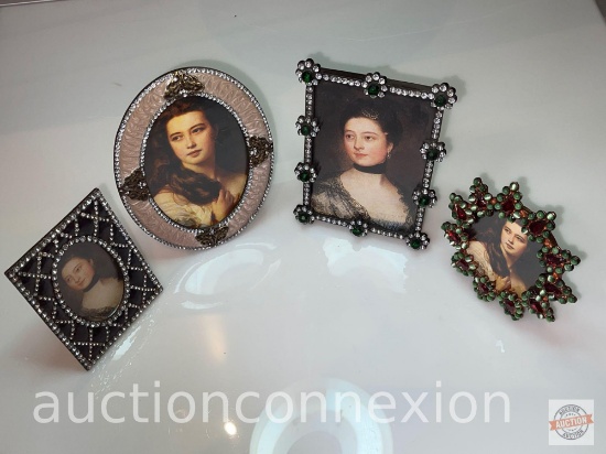 4 ornate jeweled metal picture frames, 6.25"h, 6"h, 4.5"H, 4.25"h