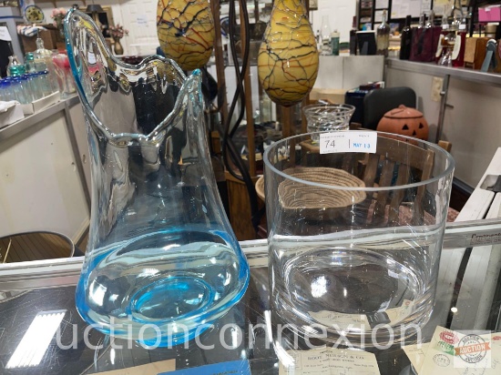 Glassware - 2 - Blue vase 12"hx7"w and Round handcrafted glassware cylinder 6.5"hx 7"w
