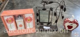 Decorative Gift package, dispenser and towels, apple lotion/soap dispenser and metal hanging picture