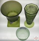 Vintage Glassware - 3 green, 2 vases (1 grape motif 9.5