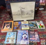 Vintage German Shepherd picture and several dog books, mostly about German Shepherds