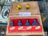 Tools - 4pc. router bit set and 2 extra bits in wooden dove tailed storage box