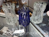 Glass - 3 Blown art glass candle lamps, 2 clear, 1 blue, 2 pc