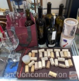 Wine bottles, bottle labels, wine corks, stemware glass