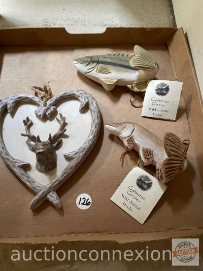 Animal decor wall hangers - 2 wooden fish hooks 4.5"w & 5"w and resin decor hanger 6.5"hx6"w