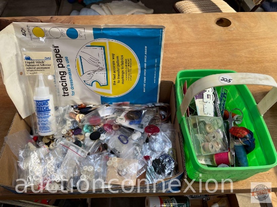 Sewing - Buttons, tracing paper, liquid stitch, thimble, thread spools etc.