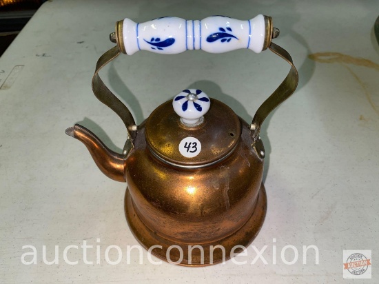 Copper/brass Kettle with porcelain bail handle and knob, 9"h
