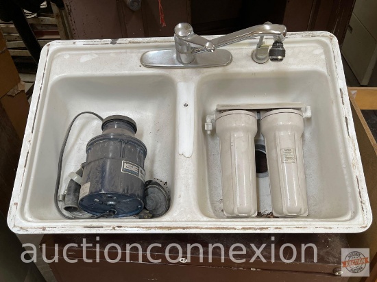 Sink - Double bowl cast sink, 32"wx21"d with faucet, in-sink-erator and waterworks