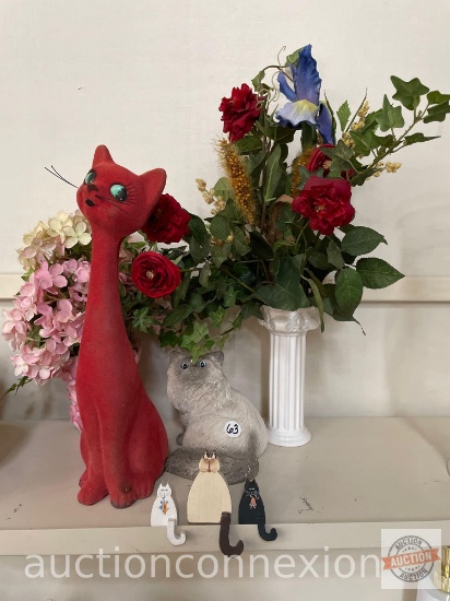 Cats and flowers - 3 sm. wooden cats, 1 lg. red cat 13"h, cat figure and 2 faux flower arrangements