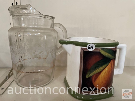 2 Pitchers - CIC fruit motif pitcher 6"h & vintage pitcher w/pinched lip 9.25"h