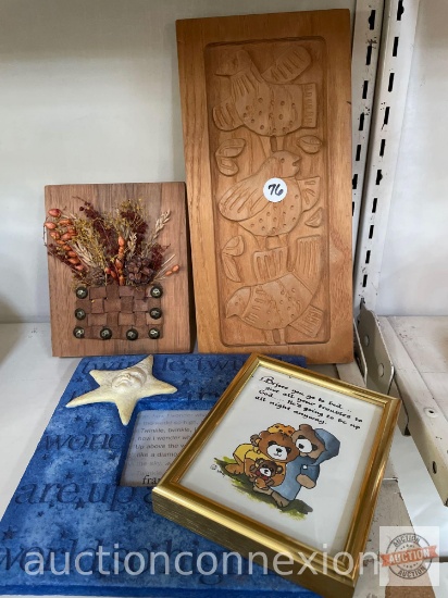 4 - Art & frame - Carved birds 11"hx5.25"w, Star picture frame 7.5"wx7.5"w, Bears 4.5"wx5.5"h, art