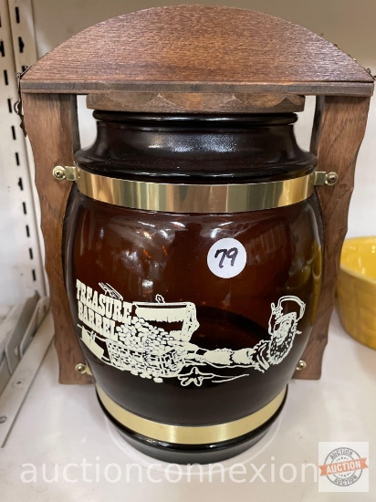 Siesta Ware Treasure Barrel Bank, glass/wood, 11"h