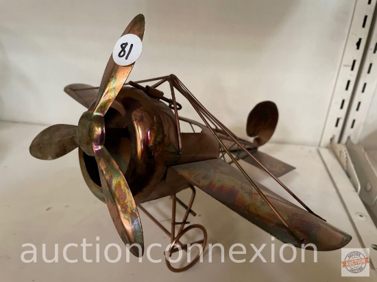 Musical metal plane, plays "Over the Wild Blue Yonder", winds by propeller, 9.5"dx11"w