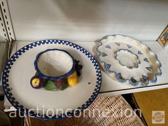 2 ornate serving platters, Original Pottery by Vernon Henderson ruffled rim w/hearts 12.5"w & fruit