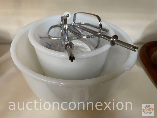 2 vintage Glasbake mixing bowls with beaters and juicer attachments, 9.5"w & 7"w