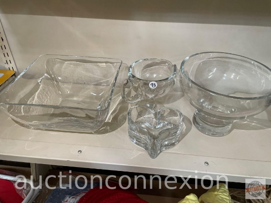 4 heavy/thick serving dishes possible lead crystal, square bowl 5"hx"'wx9"w, pedestal gravy/condimen