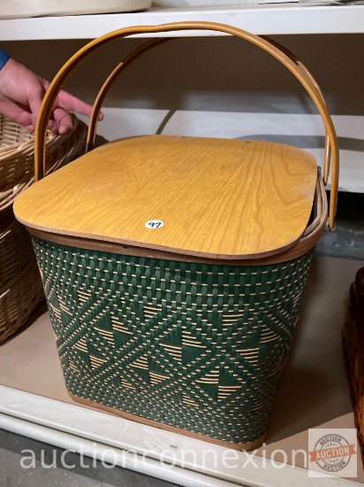 Picnic Basket - Vintage woven green, double insert trays, double handled, 12.5"hx14"wx14"w