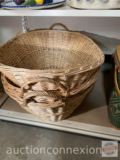 3 willow laundry baskets, 2 with handles, 26"wx19'w