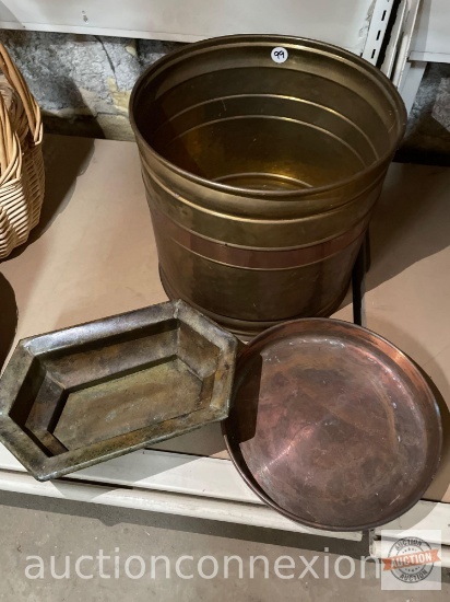 3 brass/metal planter or waste can 9 .5"wx10.5"w, tray or plant saucer