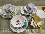 4 vintage child's dish sets - Noritake Pinocchio, Thermo-serv Holly Hobby, Oneida Deluxe Rabbits