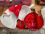 Kitchen ware - plastic strainers, tomato keeper, 2 porcelain strainers, decorator sugar cubes