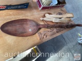 Wooden decor - Lg. Spoon wall hanger, wooden utensils, cheese plate base, scroll design and sm. turn
