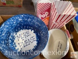 Popcorn bowls, 1 large pottery bowl, 4 metal bowls etc.