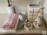 Vanity Items - Tissue holder, soap/lotion dispenser, cup, clock, hand tissues